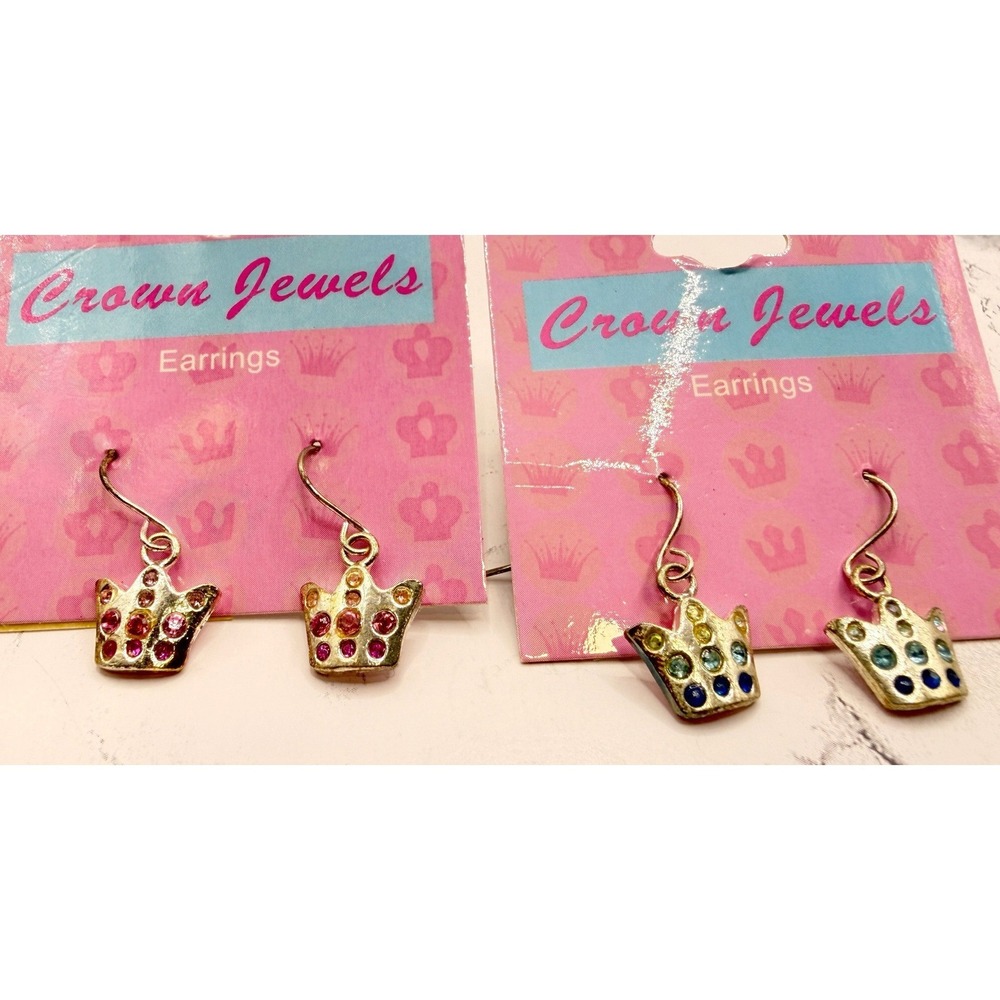 Crown Dangle Girls‎ Earrings Set Rhinestone Gold Tone Pink Blue Princess Pageant